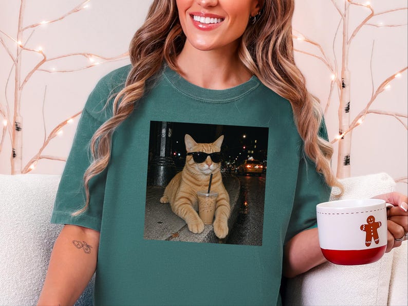 Coffee Cat Shirt, Funny Cat Meme Tee, Orange Cat Mom Gift, Cat Sunglasses Shirt, Ginger Tabby Tee image 5