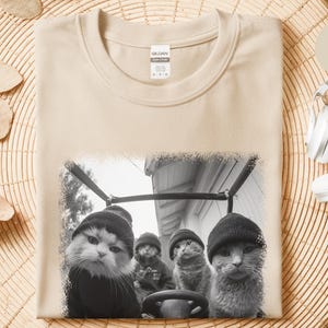 Gangster Cat Shirt | Cat Thugs In Car Lowrider Tee | Edgy Urban Graphic, Funny Meme Feline, Chicano Car Culture Style, Gangster Cat Tee image 2