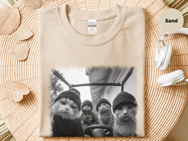 Gangster Cat Shirt | Cat Thugs In Car Lowrider Tee | Edgy Urban Graphic, Funny Meme Feline, Chicano Car Culture Style, Gangster Cat Tee image 2