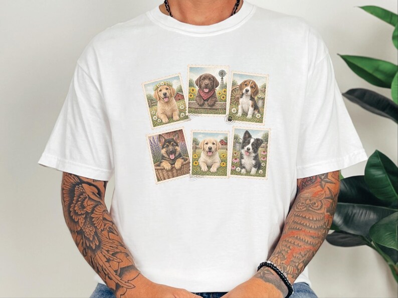 Country Dog Postage Stamp Shirt, Vintage Farm Dog Lover Gift, Cute Puppy Collage Tee, Rustic Animal Art Shirt image 10