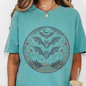 Comfort Colors Night Animals Shirt, Gothic Bat Tattoo Style Tee, Halloween Witchy Moon and Stars, Dark Fantasy Bats Night Sky image 9