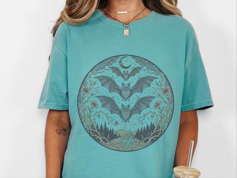 Comfort Colors Night Animals Shirt, Gothic Bat Tattoo Style Tee, Halloween Witchy Moon and Stars, Dark Fantasy Bats Night Sky image 9