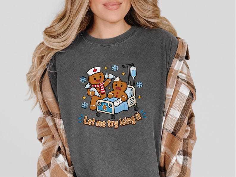 Gingerbread Nurse Shirt, Funny Christmas Nurse Gift, Festive Nurse Sweatshirt, Let Me Try Icing It Tee, Holiday Medical Staff Present image 1
