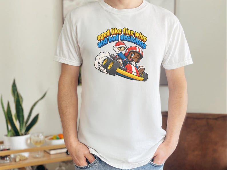Retro Video Game Tee, Funny Gaming Shirt, Aged Like Fine Wine And Bad Decisions, Kart Racing Gift, Gamer Birthday Present, Racing Lover Tee image 3