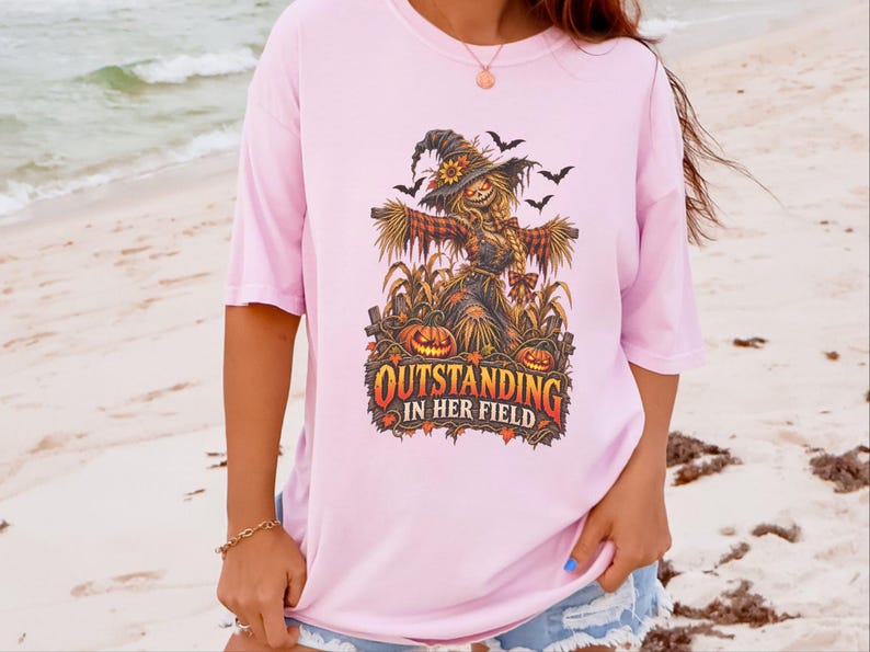 Fall Scarecrow Shirt, Halloween Tee Women, Outstanding In Her Field, Womens Fall Shirt, Spooky Graphic Tee image 6