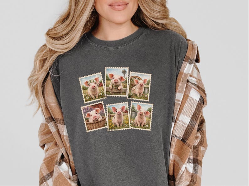 Cute Pig Shirt, Farm Animal Gift, Vintage Postal Stamp Tee, Pig Lover Shirt, Country Life Top image 9