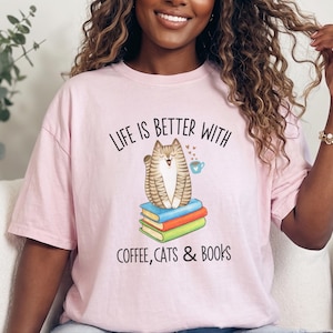 Comfort Colors Reading Cat Tee, Life Is Better With Coffee, Cats and Books Shirt, Literature Teacher Bookworm Top, Whimsical Cat Tee image 1