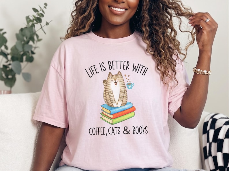 Comfort Colors Reading Cat Tee, Life Is Better With Coffee, Cats and Books Shirt, Literature Teacher Bookworm Top, Whimsical Cat Tee image 1