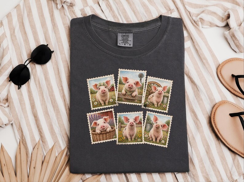 Cute Pig Shirt, Farm Animal Gift, Vintage Postal Stamp Tee, Pig Lover Shirt, Country Life Top image 7