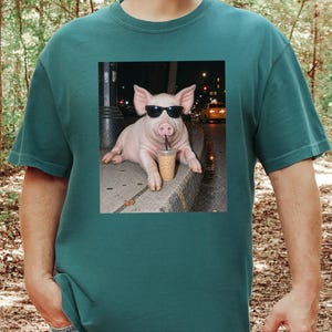 Pig Drinking Iced Coffee Shirt, Pig Lover Gift, Funny Animal Meme Tee, Coffee Lover Shirt, Pig Farmer Gift image 4