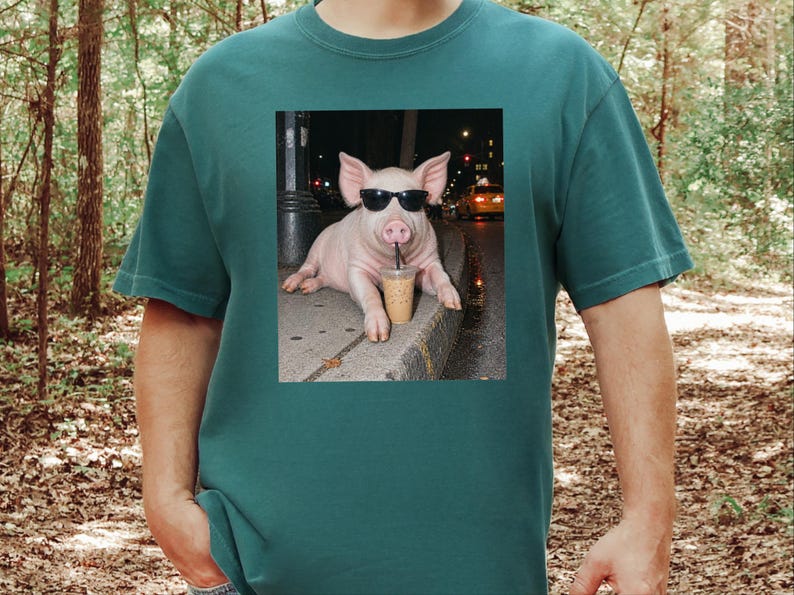 Pig Drinking Iced Coffee Shirt, Pig Lover Gift, Funny Animal Meme Tee, Coffee Lover Shirt, Pig Farmer Gift image 4