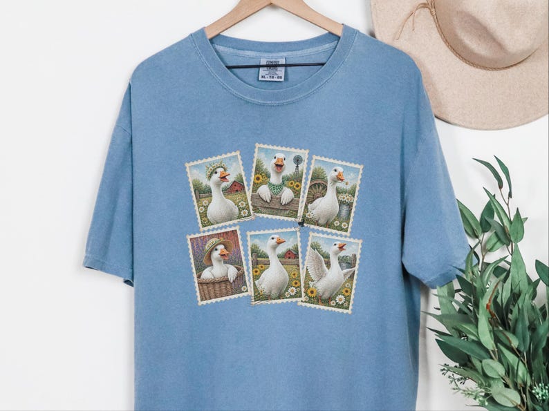 Vintage Goose Postage Stamp Shirt, Cottagecore Farm Animal Gift, Rustic Countryside Tee, Retro Duck Art Shirt image 1
