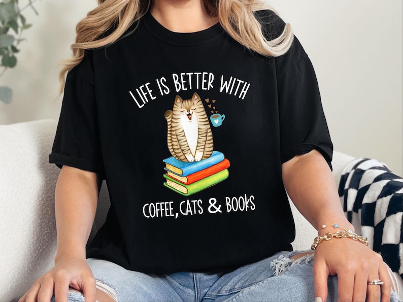 Comfort Colors Reading Cat Tee, Life Is Better With Coffee, Cats and Books Shirt, Literature Teacher Bookworm Top, Whimsical Cat Tee image 7
