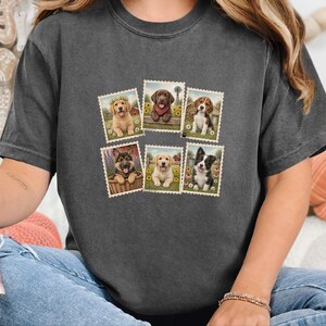 Country Dog Postage Stamp Shirt, Vintage Farm Dog Lover Gift, Cute Puppy Collage Tee, Rustic Animal Art Shirt image 3