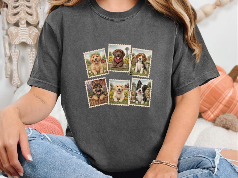 Country Dog Postage Stamp Shirt, Vintage Farm Dog Lover Gift, Cute Puppy Collage Tee, Rustic Animal Art Shirt image 3