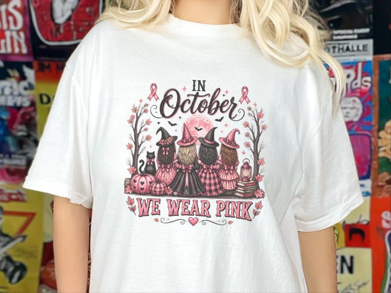 En octobre, on porte du rose ! T-shirt, cadeau d’Halloween pour la sensibilisation au cancer du sein, T-shirt de sorcière au ruban rose, Équipe de soutien aux personnes atteintes de cancer image 9
