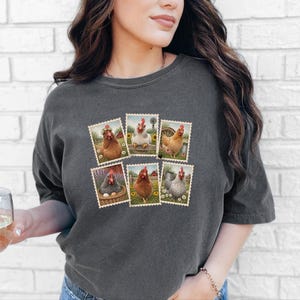 Vintage Chicken Shirt, Postage Stamp Tee, Farm Girl Shirt, Chicken Lover Gift, Retro Farmhouse Shirt, Country Living Shirt image 3