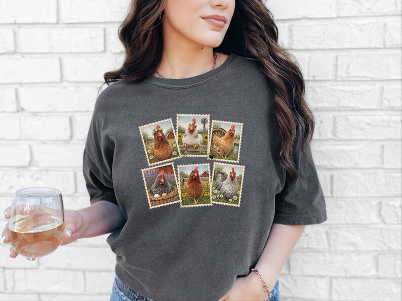 Vintage Chicken Shirt, Postage Stamp Tee, Farm Girl Shirt, Chicken Lover Gift, Retro Farmhouse Shirt, Country Living Shirt image 3