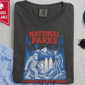National Park Shirt, Bigfoot Cryptid Gift, Funny Camping Shirt, Retro Sasquatch Tee, Determined To Confuse Tourists image 5