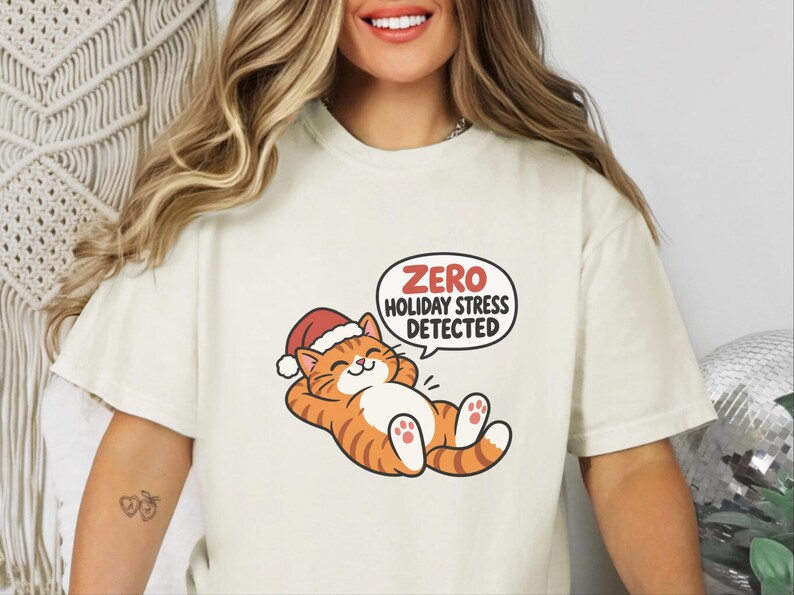 Funny Christmas Cat Shirt, Orange Tabby Cat Gift, Zero Holiday Stress Detected, Cozy Holiday Shirt, Funny Cat Lover Tee, Cat Mom Sweatshirt image 9