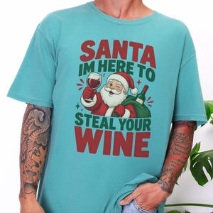 Camiseta Festa do Vinho, Design Retrô do Papai Noel, Presente de Natal com Vinho, Camiseta Divertida de Natal, Papai Noel, Vim Roubar Seu Vinho, Camiseta para Amantes de Vinho imagem 3