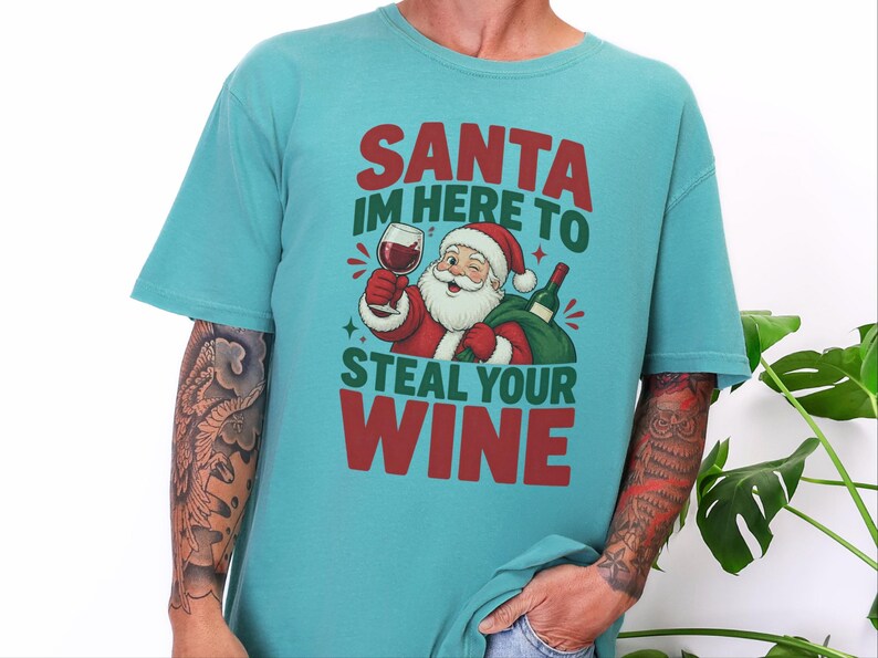 Camiseta Festa do Vinho, Design Retrô do Papai Noel, Presente de Natal com Vinho, Camiseta Divertida de Natal, Papai Noel, Vim Roubar Seu Vinho, Camiseta para Amantes de Vinho imagem 3