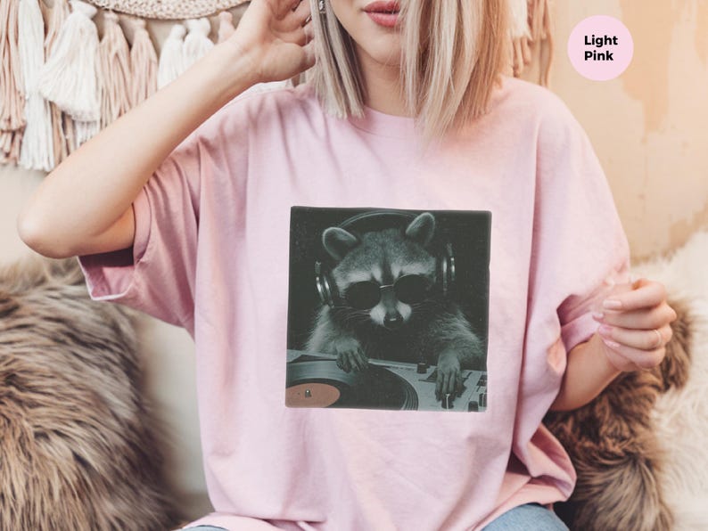 DJ Graphic Tee, Raccoon Djing Shirt, Funny Trash Panda Gift, Electronic Music Producer, Vintage Hip Hop Concert Style Tee, Raccoon Tshirt image 6