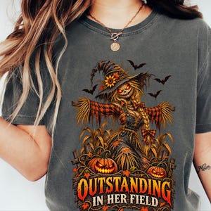 Fall Scarecrow Shirt, Halloween Tee Women, Outstanding In Her Field, Womens Fall Shirt, Spooky Graphic Tee image 2