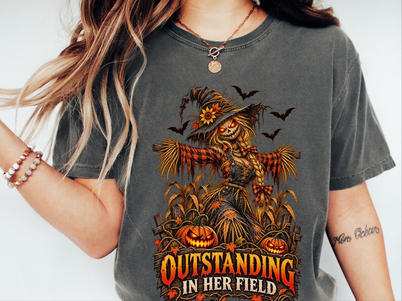 Fall Scarecrow Shirt, Halloween Tee Women, Outstanding In Her Field, Womens Fall Shirt, Spooky Graphic Tee image 2