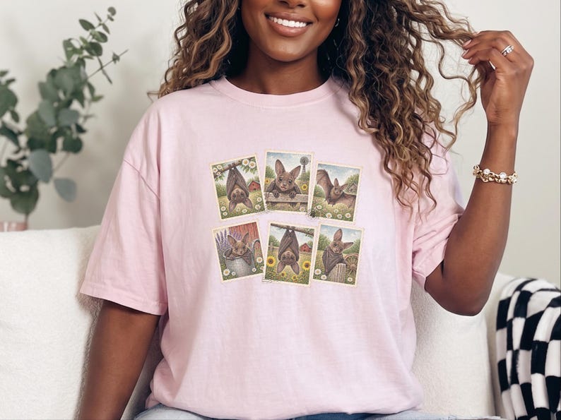 Bat Lover Gift, Vintage Bird Art, Postage Stamp Tee, Cute Bat Shirt, Cottagecore Nature Shirt, Farm Animal Gift image 4