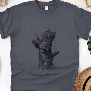 Parody Cat Shirt, Kitten Fishing Vintage Engraving, Retro Funny Cat Tee, Antique Line Art, Old World Graphic Novelty Humor, Fishermans Gift image 4