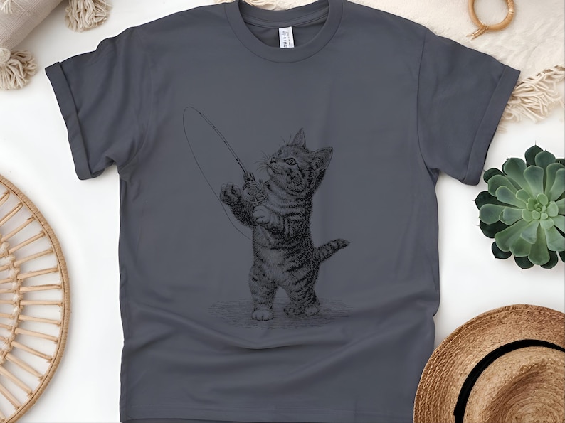 Parody Cat Shirt, Kitten Fishing Vintage Engraving, Retro Funny Cat Tee, Antique Line Art, Old World Graphic Novelty Humor, Fishermans Gift image 4