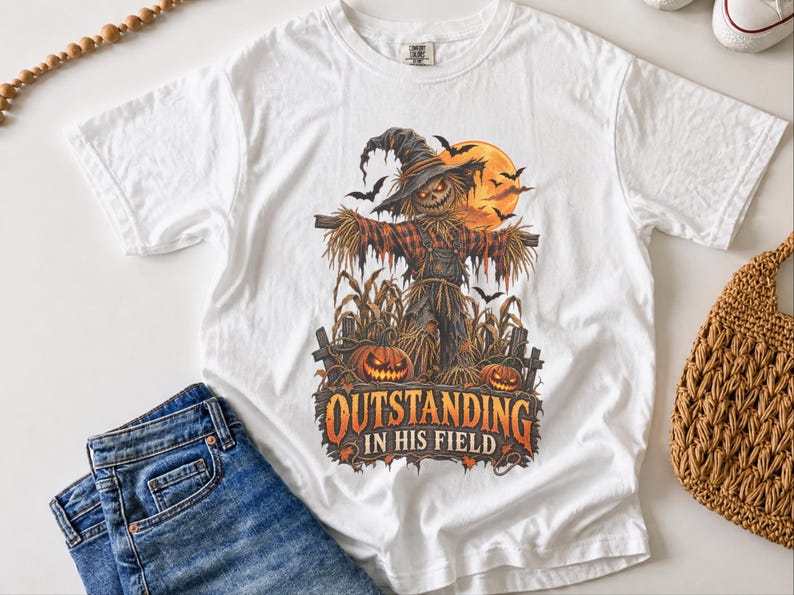 Scarecrow Shirt, Farmer Dad Gift, Dad Halloween Shirt, Spooky Season Shirt, Outstanding In His Field, Funny Halloween Tee image 2
