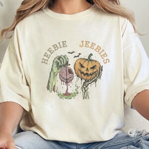 Comfort Colors Watercolor Zombie Heebie Jeebies Shirt, Modern Horror Movie Tee, Retro Goth Halloween Graphic, Spooky Pumpkin Skull Vintage image 10