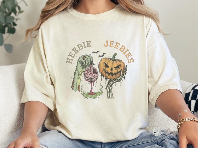 Comfort Colors Watercolor Zombie Heebie Jeebies Shirt, Modern Horror Movie Tee, Retro Goth Halloween Graphic, Spooky Pumpkin Skull Vintage image 10