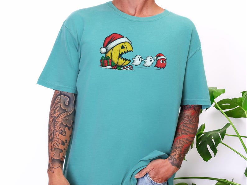 Camiseta Pac-Man, Presente de Natal para Gamers, Camiseta Retrô de Arcade, Camiseta de Jogos para as Festas, Camiseta Divertida para Gamers, Presente de Natal Pac-Man imagem 9