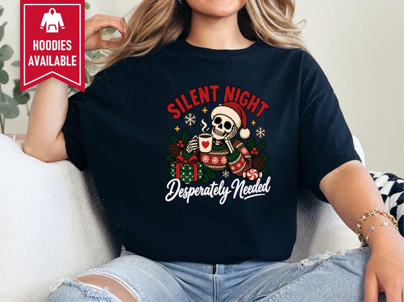 Funny Christmas Sweatshirt, Skeleton Santa Shirt, Sarcastic Holiday Gift, Silent Night Desperately Needed, Tired Mom Shirt, Creepmas Tee imagen 5