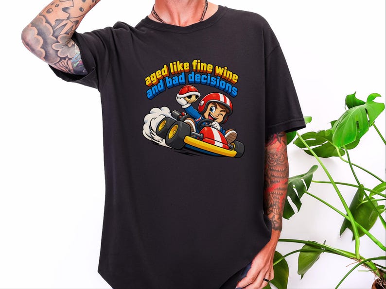 Kart racing-tröja, racerbilsoutfit, retro gaming-tröja, åldrad som fint vin och dåliga beslut, videospelspresent bild 6