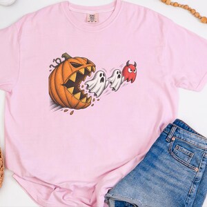 Camiseta de Pac-Man, regalo para gamers de Halloween, camiseta retro de arcade, camiseta de temporada espeluznante, camiseta de Pac-Man calabaza, top para fiesta de Halloween, regalo para gamers imagen 4