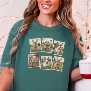 Vintage Bunny Shirt, Cottagecore Rabbit Tee, Postage Stamp Art Gift, Farmhouse Animal Lover Top, Retro Spring Nature Apparel image 5