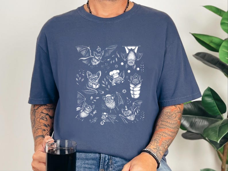 Comfort Colors Cute Bat Art, Cute Bat Illustration Fun Activities Shirt, Whimsical Bat Lover Gift, Funny Halloween Nature Tee, Halloween Bat image 1