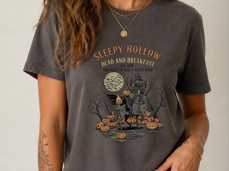 Comfort Colors Headless Horseman Shirt, Sleepy Hollow Dead And Breakfast Tee, Horror Movie Lover Gift, Gothic Haunted House Art image 1