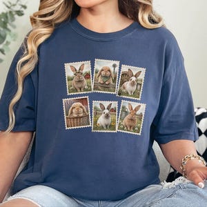 Vintage Bunny Shirt, Cottagecore Rabbit Tee, Postage Stamp Art Gift, Farmhouse Animal Lover Top, Retro Spring Nature Apparel image 2
