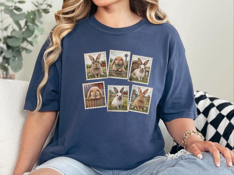 Vintage Bunny Shirt, Cottagecore Rabbit Tee, Postage Stamp Art Gift, Farmhouse Animal Lover Top, Retro Spring Nature Apparel image 2