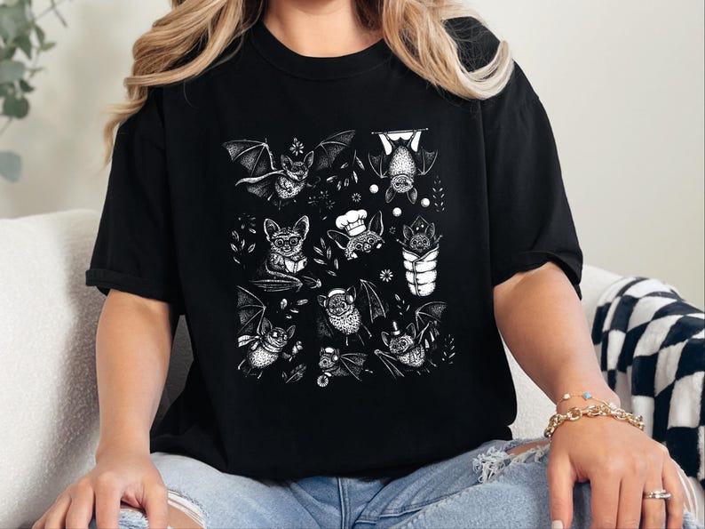 Comfort Colors Cute Bat Art, Cute Bat Illustration Fun Activities Shirt, Whimsical Bat Lover Gift, Funny Halloween Nature Tee, Halloween Bat image 8
