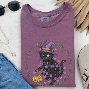 Comfort Colors Gothic Black Cat Print Shirt, Black Cat Witch Hat Tee, Spooky Fantasy Whimsical Halloween Art, Dark Feminine Whimsi Goth image 3