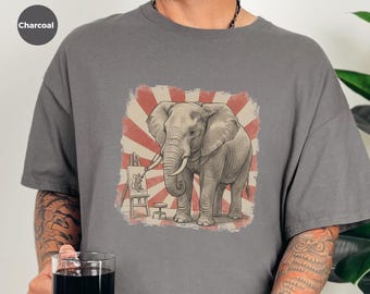 Camiseta de profesor de arte, camiseta de artista de elefantes, regalo para pintores, arte divertido de animales, camiseta retro con diseño de rayos de sol.