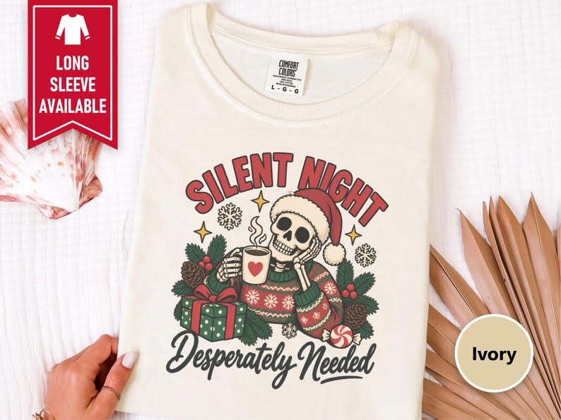 Funny Christmas Sweatshirt, Skeleton Santa Shirt, Sarcastic Holiday Gift, Silent Night Desperately Needed, Tired Mom Shirt, Creepmas Tee imagen 8
