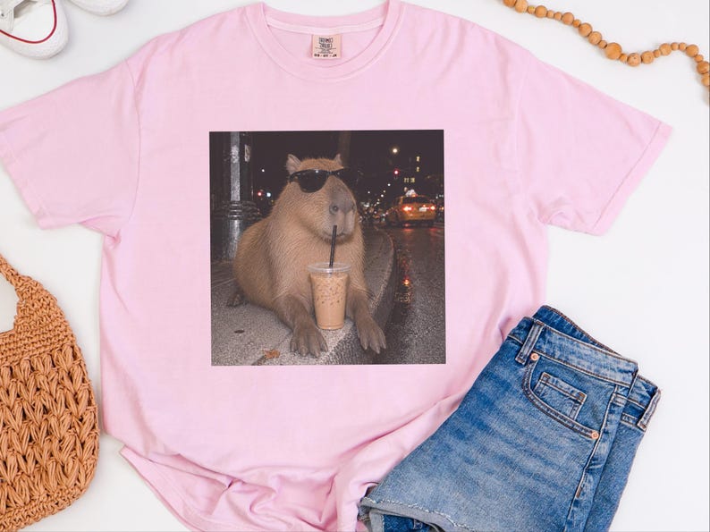 Cooles Capybara-Shirt, Geschenk für Eiskaffee-Liebhaber, Lustiges Tier-T-Shirt, Shirt für Kaffeesüchtige Bild 1
