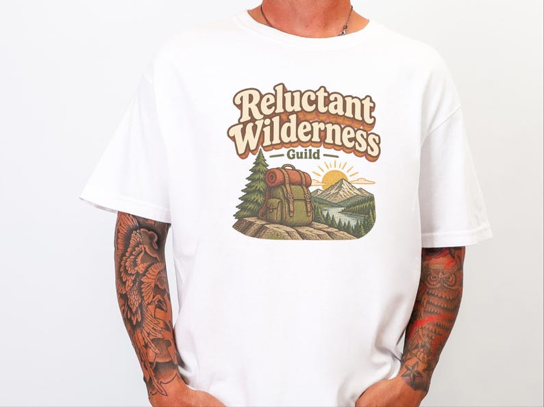 Funny Hiking Shirt, Camping Lover Gift, Reluctant Wilderness Guild Tee, Outdoorsy Nature Shirt, Retro Hiker Apparel, Funny Hiking Quote Gift image 9